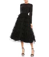 Mac Duggal Tiered Ruffle Crew Neck Long Sleeve Midi Dress