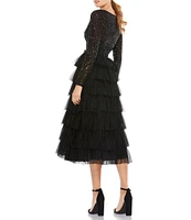 Mac Duggal Tiered Ruffle Crew Neck Long Sleeve Midi Dress