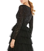 Mac Duggal Tiered Ruffle Crew Neck Long Sleeve Midi Dress