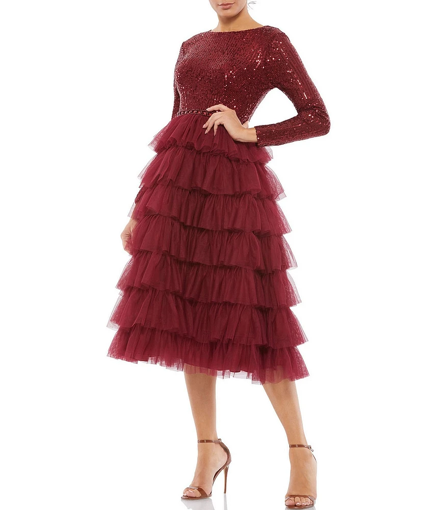 Mac Duggal Tiered Ruffle Crew Neck Long Sleeve Midi Dress