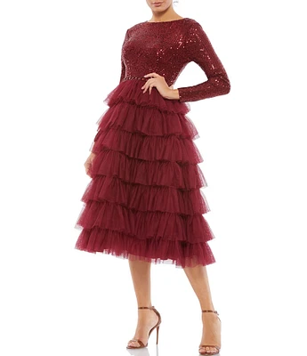 Mac Duggal Tiered Ruffle Crew Neck Long Sleeve Midi Dress