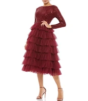 Mac Duggal Tiered Ruffle Crew Neck Long Sleeve Midi Dress