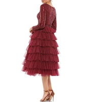 Mac Duggal Tiered Ruffle Crew Neck Long Sleeve Midi Dress