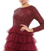 Mac Duggal Tiered Ruffle Crew Neck Long Sleeve Midi Dress