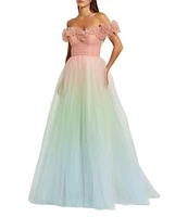 Mac Duggal Tulle Ombre Print Off-The-Shoulder Neck Short Sleeve 3D Flower Gown