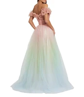 Mac Duggal Tulle Ombre Print Off-The-Shoulder Neck Short Sleeve 3D Flower Gown