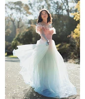 Mac Duggal Tulle Ombre Print Off-The-Shoulder Neck Short Sleeve 3D Flower Gown