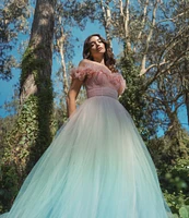 Mac Duggal Tulle Ombre Print Off-The-Shoulder Neck Short Sleeve 3D Flower Gown