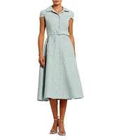 Mac Duggal Tweed Boucle Point Collar Cap Sleeve Belted Button Front Midi Dress