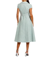 Mac Duggal Tweed Boucle Point Collar Cap Sleeve Belted Button Front Midi Dress