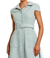 Mac Duggal Tweed Boucle Point Collar Cap Sleeve Belted Button Front Midi Dress