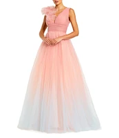 Mac Duggal V-Neck 3D Ruffle Shoulder Ombre Tulle Ballgown