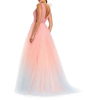 Mac Duggal V-Neck 3D Ruffle Shoulder Ombre Tulle Ballgown