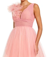 Mac Duggal V-Neck 3D Ruffle Shoulder Ombre Tulle Ballgown