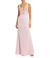 Mac Duggal V-Neck Beaded Bodice Crepe Aline Gown