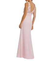 Mac Duggal V-Neck Beaded Bodice Crepe Aline Gown