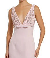 Mac Duggal V-Neck Beaded Bodice Crepe Aline Gown