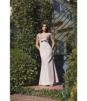 Mac Duggal V-Neck Beaded Bodice Crepe Aline Gown