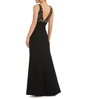 Mac Duggal V-Neck Beaded Bodice Crepe Aline Gown