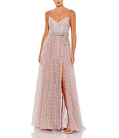 Mac Duggal V-Neck Beaded Bow Waist Embellished Mesh A-Line Gown