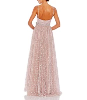 Mac Duggal V-Neck Beaded Bow Waist Embellished Mesh A-Line Gown
