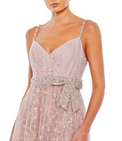 Mac Duggal V-Neck Beaded Bow Waist Embellished Mesh A-Line Gown