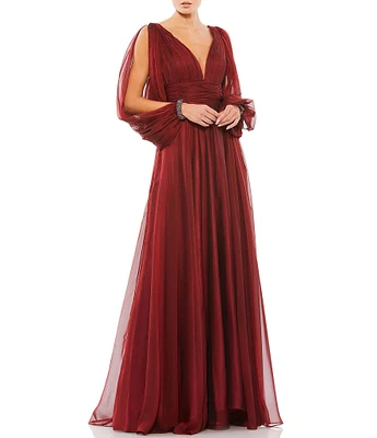 Mac Duggal V-Neck Beaded Cuff Open Long Sleeve Chiffon A-Line Plunge Back Detail Gown