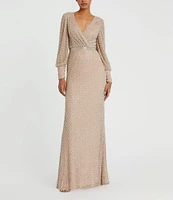 Mac Duggal V-Neck Bishop Sleeve Beaded Column Gown