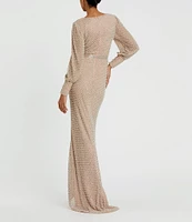 Mac Duggal V-Neck Bishop Sleeve Beaded Column Gown