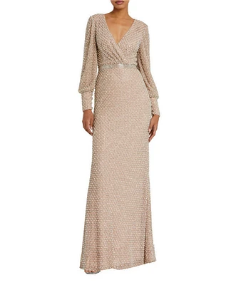 Mac Duggal V-Neck Bishop Sleeve Beaded Column Gown