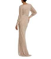 Mac Duggal V-Neck Bishop Sleeve Beaded Column Gown