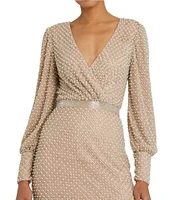 Mac Duggal V-Neck Bishop Sleeve Beaded Column Gown