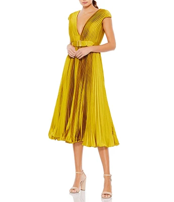 Mac Duggal V-Neck Cap Sleeve Pleated Satin Belted A-Line Midi Dress
