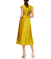 Mac Duggal V-Neck Cap Sleeve Pleated Satin Belted A-Line Midi Dress