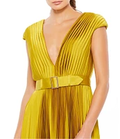 Mac Duggal V-Neck Cap Sleeve Pleated Satin Belted A-Line Midi Dress