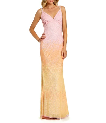 Mac Duggal V-Neck Drape Back Ombre Sequined Slip Dress