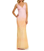 Mac Duggal V-Neck Drape Back Ombre Sequined Slip Dress