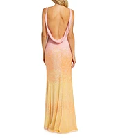 Mac Duggal V-Neck Drape Back Ombre Sequined Slip Dress