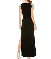 Mac Duggal V-Neck Embellished Cap Sleeve High Slit Faux Wrap Gown