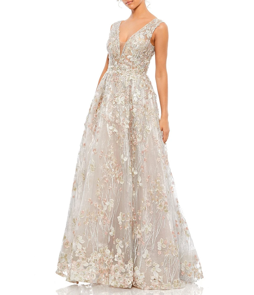 Mac Duggal V-Neck Floral Embroidered Illusion Ballgown