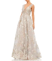 Mac Duggal V-Neck Floral Embroidered Illusion Ballgown