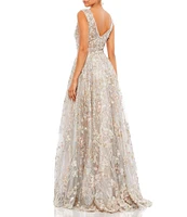 Mac Duggal V-Neck Floral Embroidered Illusion Ballgown