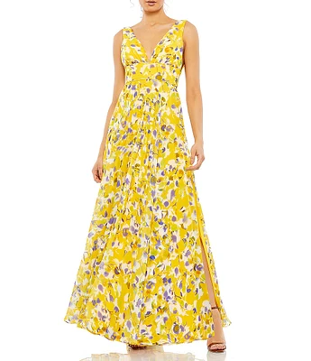 Mac Duggal V-Neck Floral Print Sleeveless Chiffon Side Slit A-Line Gown