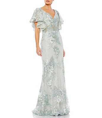 Mac Duggal V-Neck Flutter Sleeve Embroidered Lace Column Gown