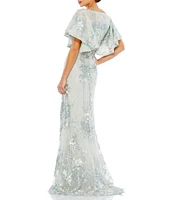 Mac Duggal V-Neck Flutter Sleeve Embroidered Lace Column Gown