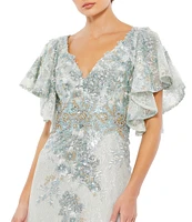 Mac Duggal V-Neck Flutter Sleeve Embroidered Lace Column Gown
