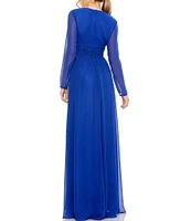 Mac Duggal V-Neck Front Twist Long Sleeve Thigh High Slit Gown