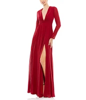 Mac Duggal V-Neck Front Twist Long Sleeve Thigh High Slit Gown