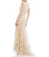 Mac Duggal V-Neck Illusion Long Sleeves Embroidered Mesh Trumpet Gown