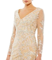 Mac Duggal V-Neck Illusion Long Sleeves Embroidered Mesh Trumpet Gown